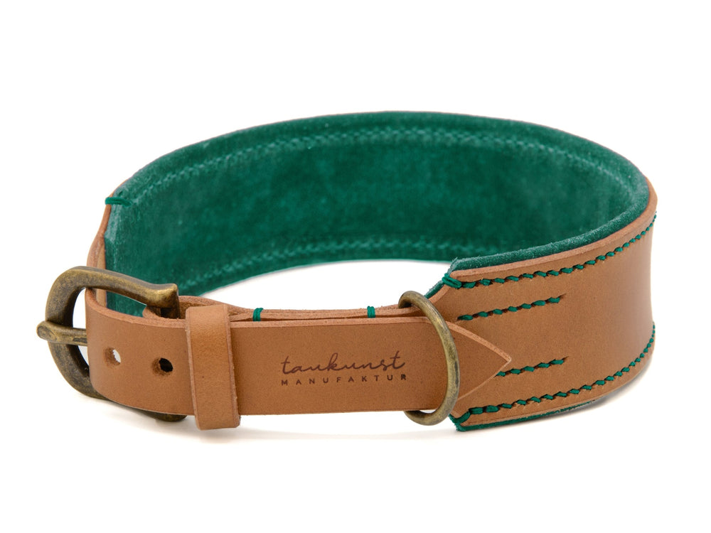 Breites Lederhalsband für Hunde in Braun mit grüner Innenfläche und goldfarbener Schnalle, dekoriert mit grünen Nähten.