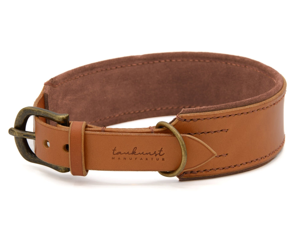 Braunes Lederhundehalsband mit breiter, gepolsterter Innenfläche und goldener Messingschnalle von tankunst MANUFAKT.