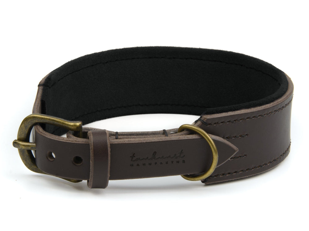 Braunes Lederhalsband mit schwarzem Innenfutter und Messingschnalle für Hunde, stilvoll und verstellbar.
