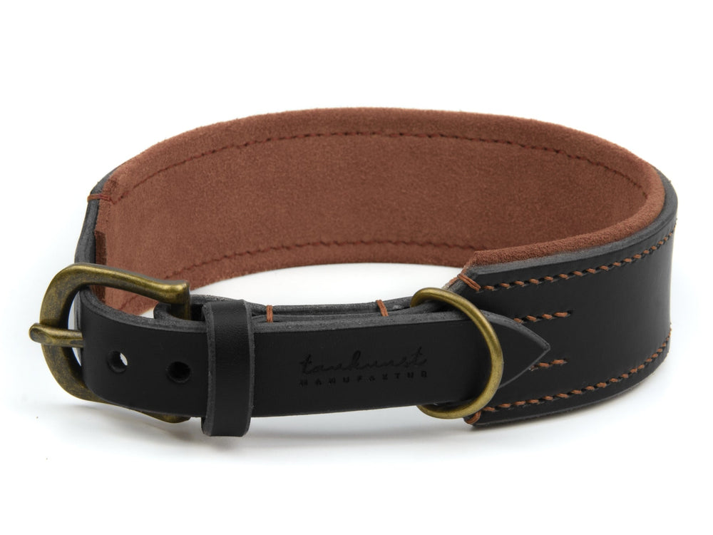 Schwarzes Lederhalsband mit rustikaler Messingschnalle und weichem braunem Innenfutter, dekorativ in Orange.