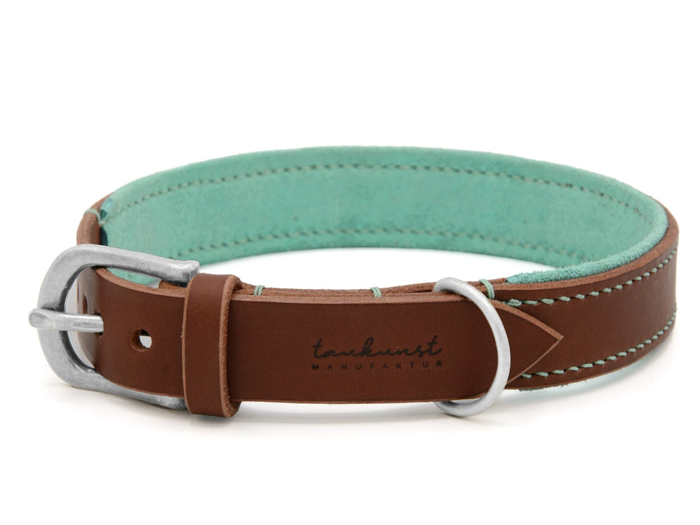 Braunes Lederhalsband für Hunde mit mintgrüner Innenseite und silberner Metallschnalle, dekorative Naht sichtbar.