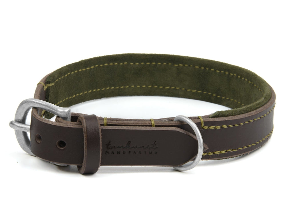 Stabiles braunes Lederhalsband mit grüner Innenpolsterung, metallener Schnalle und grünen Nähten von turnhart für Hunde.