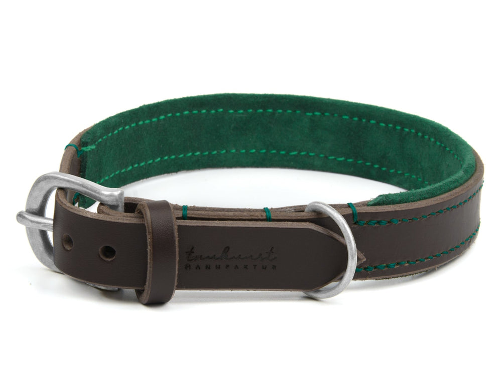 Braunes Lederhalsband für Hunde mit grünem Wildleder und silberner Metallschnalle. Stylisch und strapazierfähig.