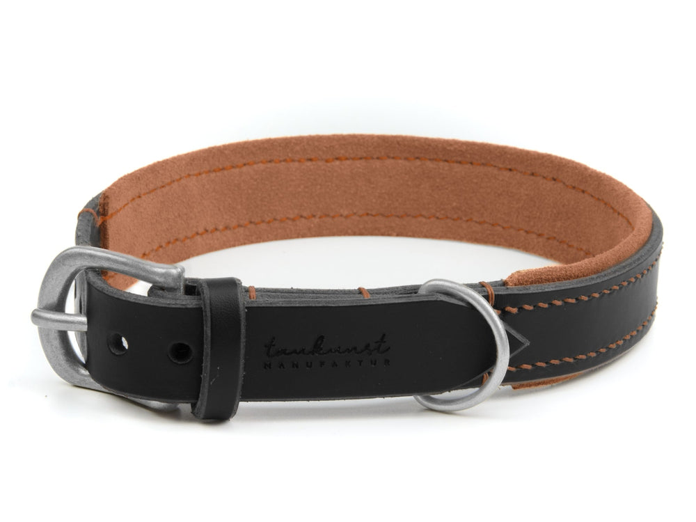 Schwarzes Lederhalsband mit braunem Wildleder und silberner Schnalle für Hunde, stilvoll und hochwertig.