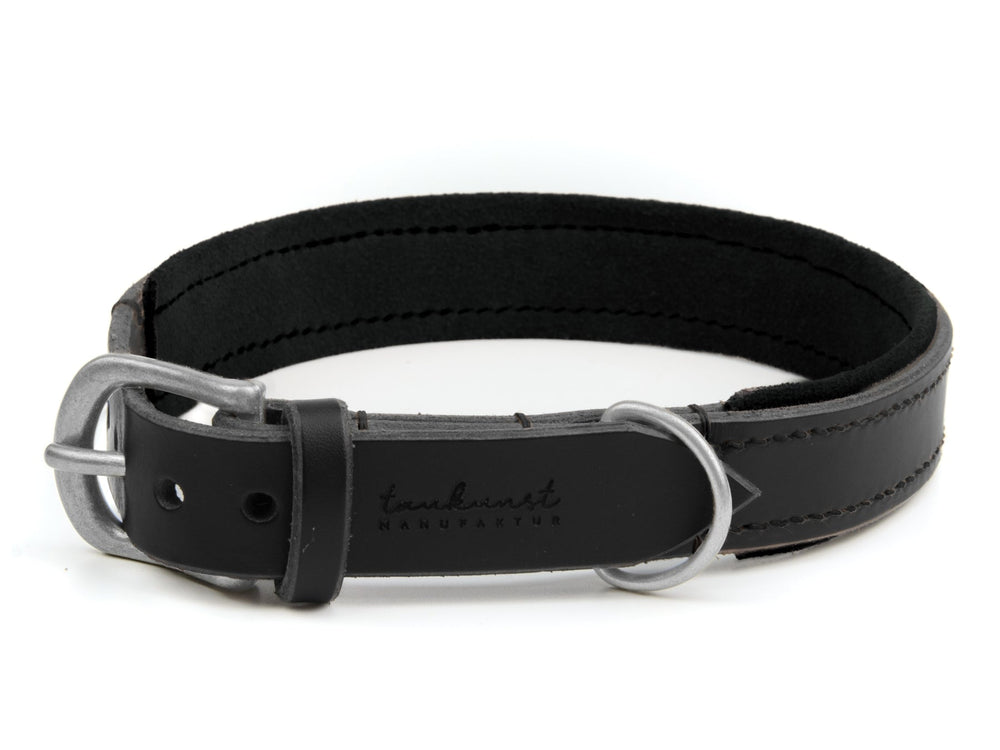 Schwarzes Lederhalsband für Hunde mit silberner Schnalle und gepolsterter Innenseite. Ideal für aktive Vierbeiner.