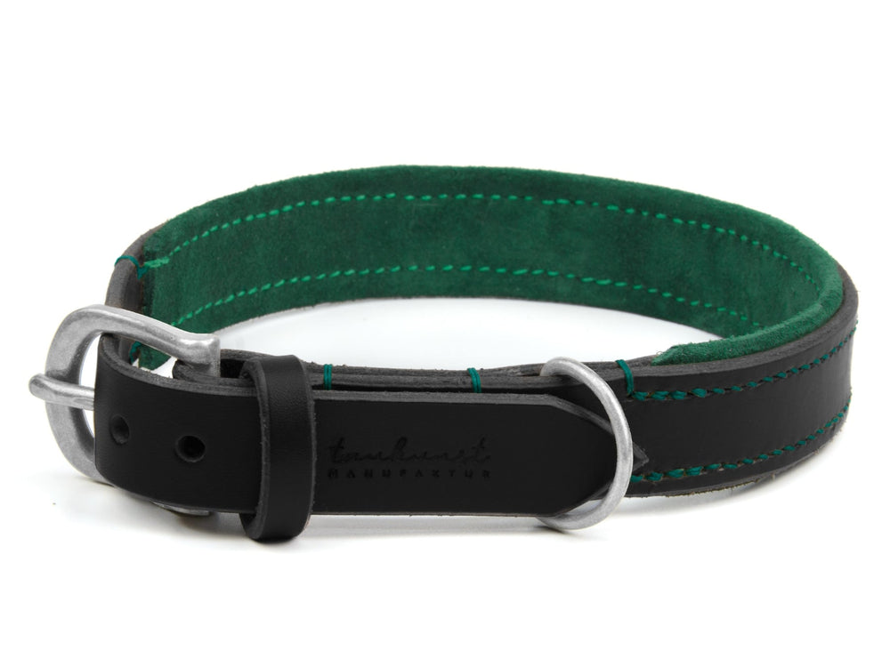Schwarzes Lederhalsband für Hunde mit grünem Innenfutter, silberner Schnalle und robusten D-Ringen.