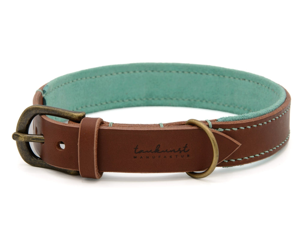 Braunes Lederhalsband für Hunde mit mintgrünem Innenfutter und goldfarbener Schnalle, verziert mit heller Naht.