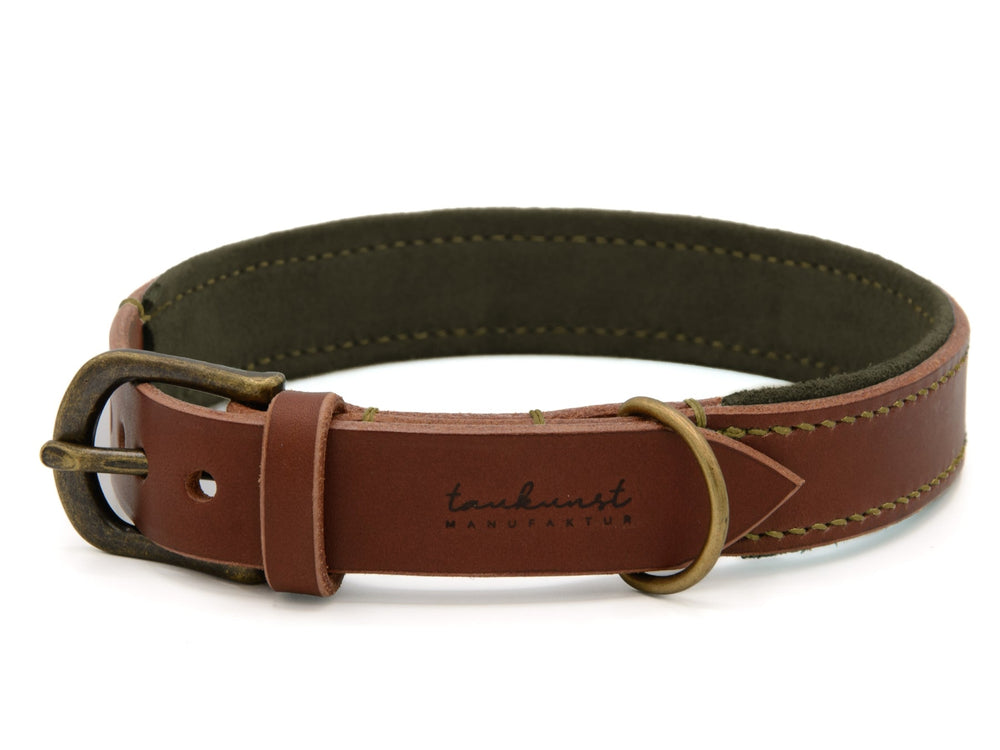 Braunes Lederhalsband Wildfang mit robuster Metallschnalle und grüner Innenseite, verziert mit heller Naht.
