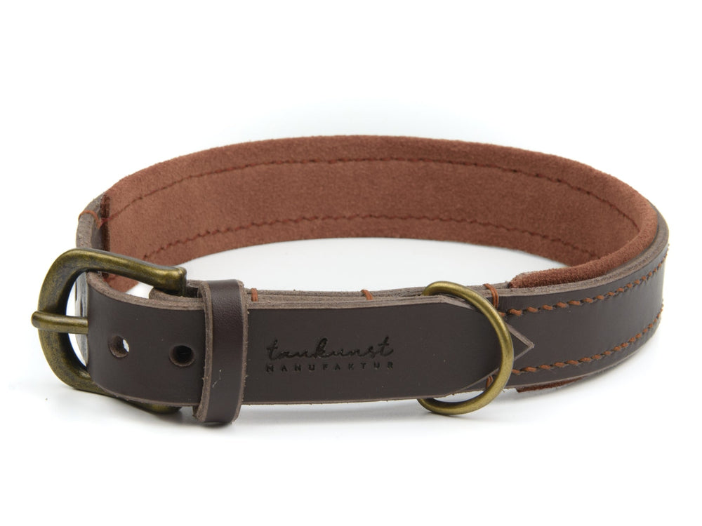Schmaler brauner Lederhalsband Wildfang mit weicher Innenverkleidung und bronze-metallener Schnalle.