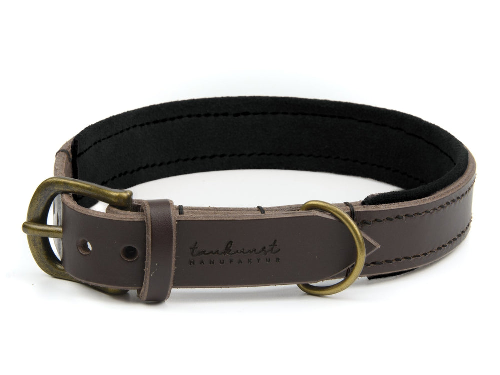 Braunes Lederhalsband "Wildfang" mit goldfarbener Schnalle und schwarzer Innenseite, dekorativ genäht.