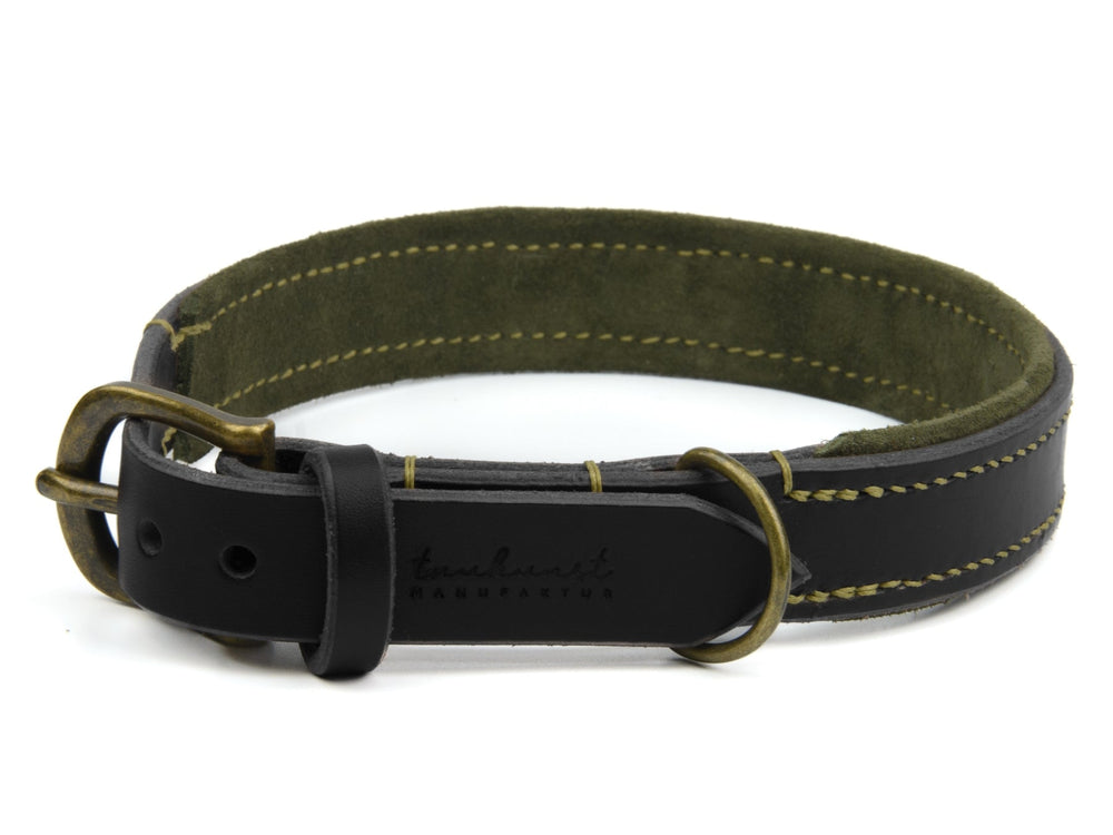 Schwarzes Lederhalsband mit grüner Innenseite, Metall-Schnalle und markanten hellen Nähten. Ideal für stilvolle Hunde.
