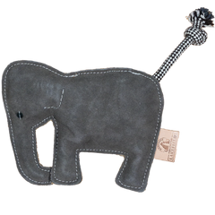 Graues, elefantenförmiges Spielzeug aus Wildleder mit hellen Nähten und gestreiftem Schwanz. Ideal für Kindern.