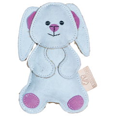 Plüschiger grauer Hase aus Wildleder mit rosa Wangen und großen, abstehenden Ohren. Ideal als Spielzeug für Kinder.