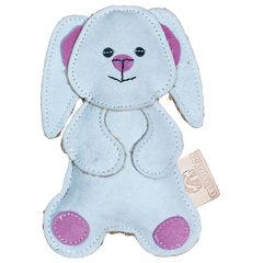 Plüschiger grauer Hase aus Wildleder mit rosa Wangen und großen, abstehenden Ohren. Ideal als Spielzeug für Kinder.
