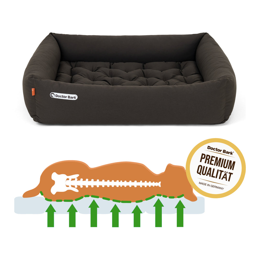 Dunkelbraunes Doctor Bark Hundebett mit erhöhtem Rand, das optimalen Komfort und Unterstützung für Hunde bietet.
