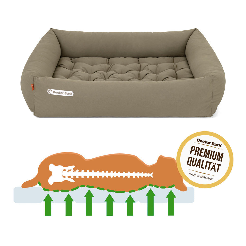Ergonomisches, braunes Hundebett von Doctor Bark mit gepolsterter Fläche und erhöhten Wänden für optimalen Schlafkomfort.