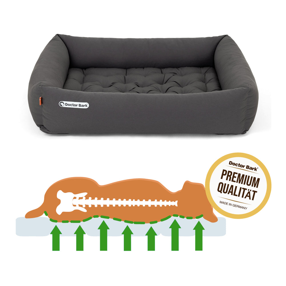 "Bequemes graues Hundebett von Doctor Bark, rechteckig mit gepolsterten Seiten für optimalen Schlafkomfort."