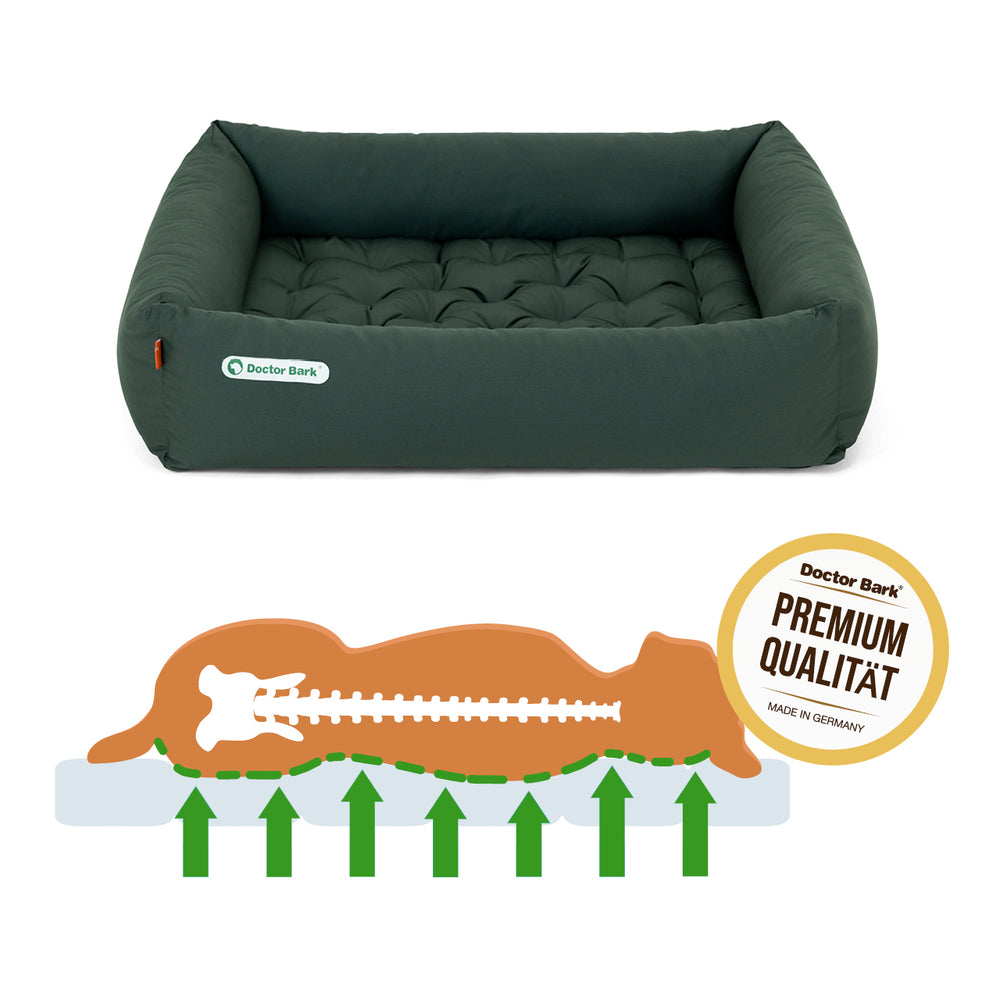 Ergonomisches Hundebett von Doctor Bark in Dunkelgrün mit hoher Kante zur Unterstützung der Wirbelsäule.