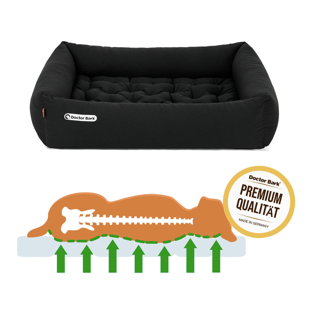 Schwarzes orthopädisches Hundebett von Doctor Bark mit gepolsterter Umrandung und Hundesilhouette darunter.