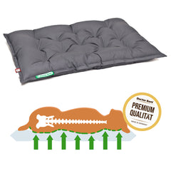 Graues, gepolstertes Hundebett von Doctor Bark mit quilted Oberfläche und Illustration zur Wirbelsäulenunterstützung.