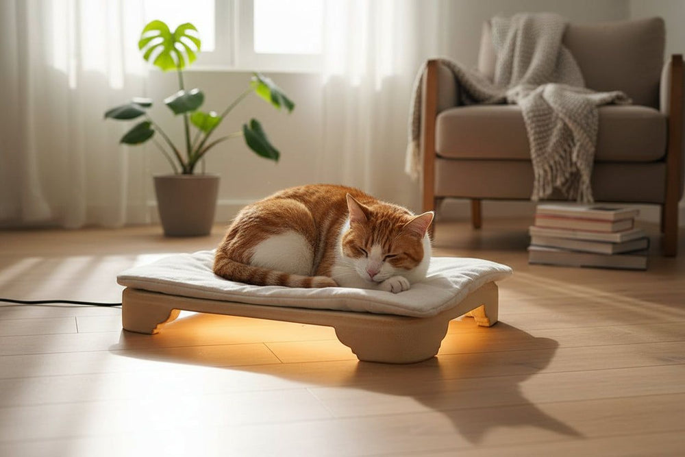 Entspannte orange-weiße Katze auf einem hellen Kissen in einem gemütlichen Kachelofen-Katzenbett mit sanfter Beleuchtung.