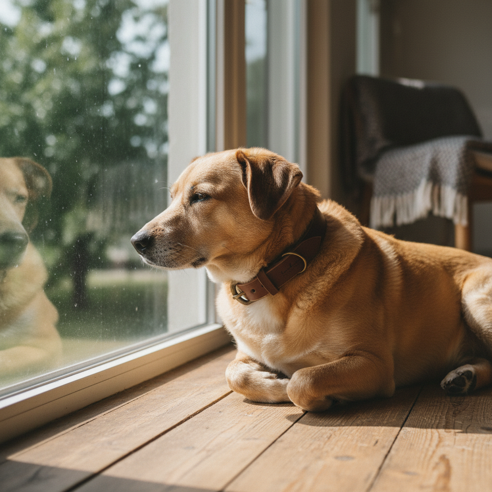 Brauner Hund mit Lederhalsband 'Waldgeist' schaut nach draußen, Spiegelbild auf dem Fenster, Stuhl und Decke im Hintergrund.