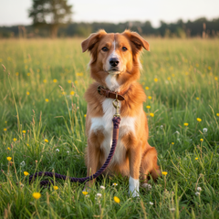 Hund mit orange-braunem Fell sitzt auf Wiese mit gelben Blüten, trägt Halsband und Leine, im Hintergrund Bäume und blauer Himmel.