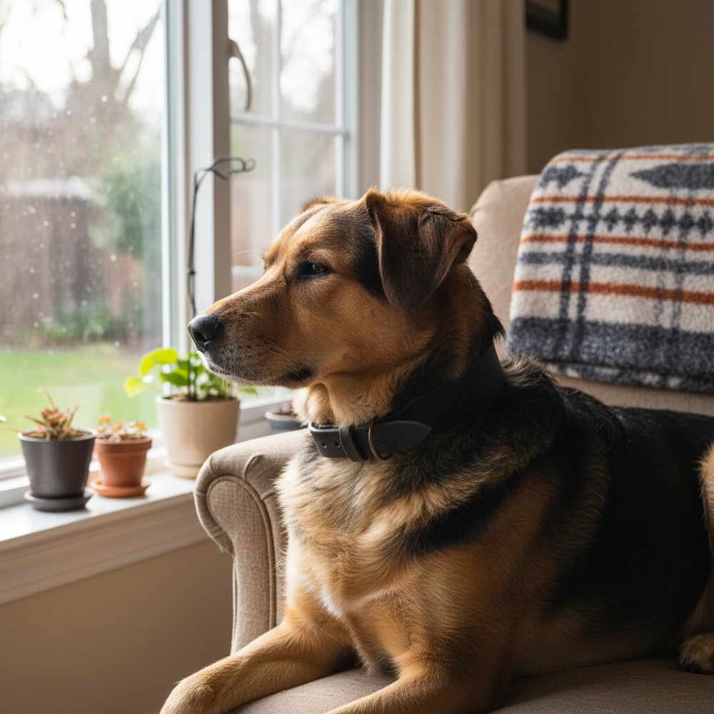 Hund im Lederhalsband Waldgeist sitzt gemütlich auf Sessel, schaut nach draußen, Pflanzen im Fensterbrett sichtbar.