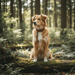 Hund mit goldfarbenem Fell sitzt auf moosbedecktem Baumstamm im Wald, trägt eine Lederleine.