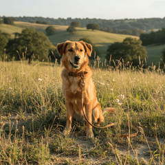 Goldener Hund auf blühender Wiese mit Lederleine Waldgeist, umgeben von sanften Hügeln und Bäumen im Sonnenlicht.