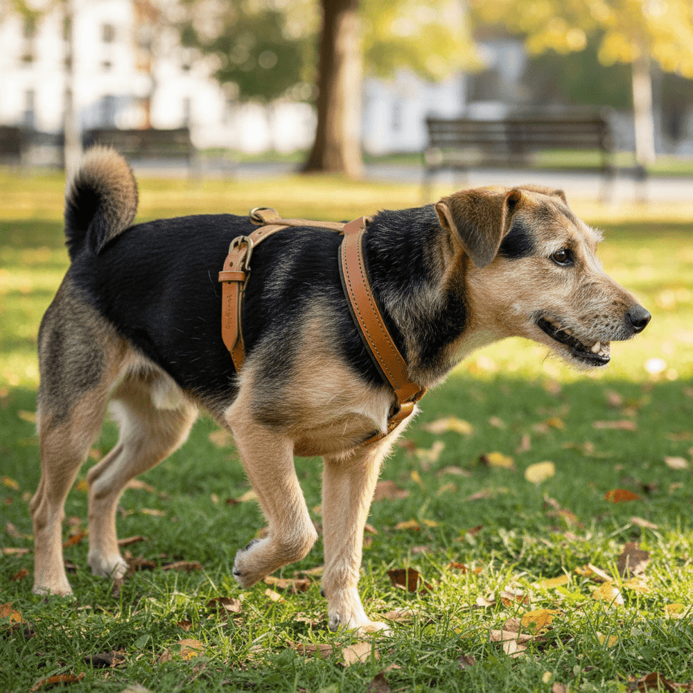 Hund mit braunem Ledergeschirr WILDFANG auf grüner Wiese, umgeben von bunten Herbstbäumen.