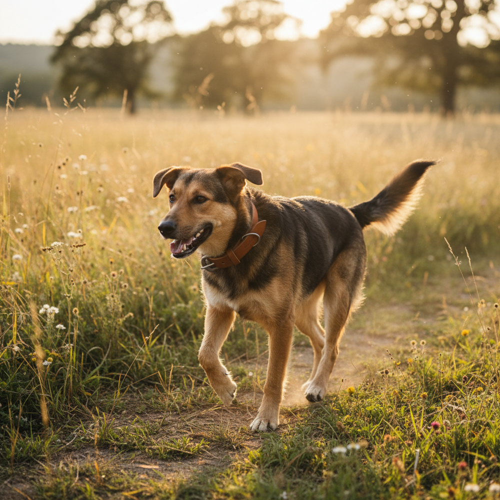 Fröhlicher Hund mit Lederhalsband Waldgeist läuft auf einem sonnenbeschienenen Feld mit hohem Gras.