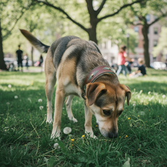 Ein Hund mit einem Lederhalsband WOODSTOCK schnüffelt im grünen Park bei sonnigem Wetter.
