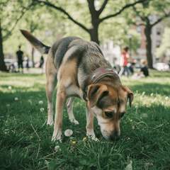 Ein Hund mit einem Lederhalsband WOODSTOCK schnüffelt im grünen Park bei sonnigem Wetter.