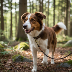 Freundlicher braun-weißer Hund mit Leine im Wald auf einem Naturweg zwischen Bäumen und Moos.