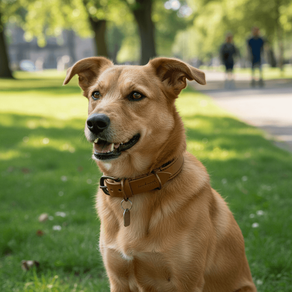 Hund mit golden-braunem Fell auf Wiese, trägt ein braunes Lederhalsband Wildfang, schaut freundlich.