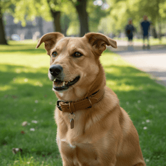 Hund mit golden-braunem Fell auf Wiese, trägt ein braunes Lederhalsband Wildfang, schaut freundlich.