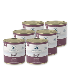 Sechs Dosen Lakefields Nassfutter-Menü Rind für Erwachsene in eleganter Verpackung mit hellem Design.