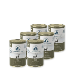 Sechs Dosen Lakefields Hundefutter "WILD" mit Illustrationen von Wildtieren für erwachsene Hunde.