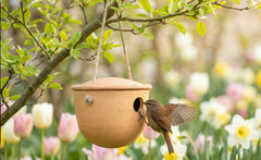 "Vogelhaus aus Ton für Zaunkönige und Meisen, hängend an einem Baum mit bunten Frühlingsblumen im Hintergrund."