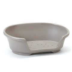 Graue ovale Kunststoffwanne mit abgerundeten Kanten und Entwässerungslöchern für vielseitige Anwendungen.