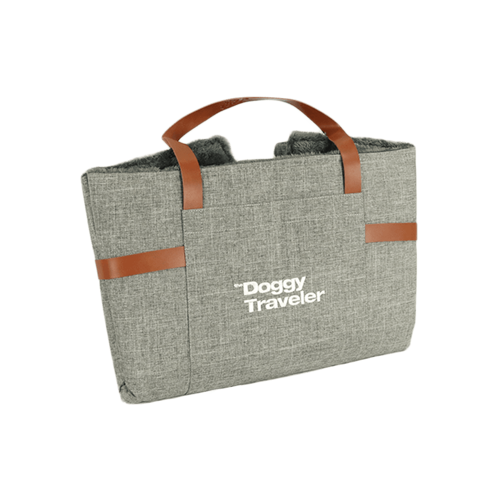 Graue Tragetasche "Doggy Traveler" mit braunen Ledergriffen, modern und strapazierfähig für unterwegs.