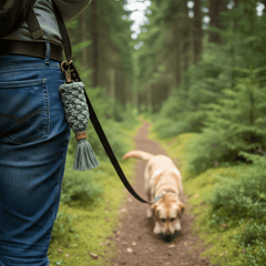 Person führt Hund im Wald mit grüner, gehäkelter Leine spazieren, umgeben von Bäumen und Natur.