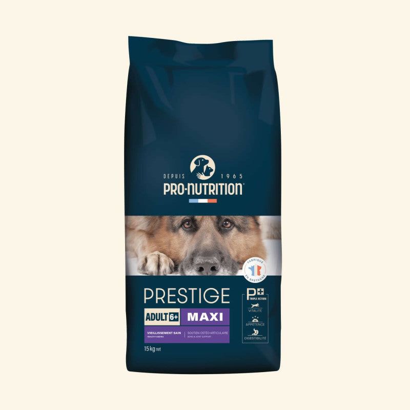 Verpackung von Prestige Adult 6+ MAXI Hundenahrung für große Hunde ab 6 Jahren von Pro-Nutrition.