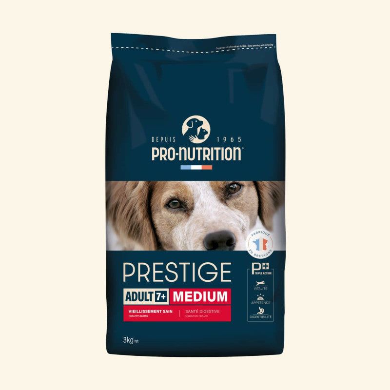 3 kg Packung Prestige Adult 7+ Hundefutter für mittelgroße Senioren-Hunde von Pro-Nutrition.
