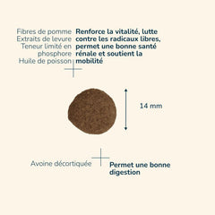 Runde, braune Tablette (14 mm) für Senioren mit Apfelfasern, Hefextrakten und Fischöl für optimale Gesundheit.