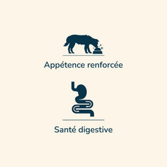 Symbol für verstärktes Appetitanregen in Tierfutter mit Tier, das an Futternapf frisst.