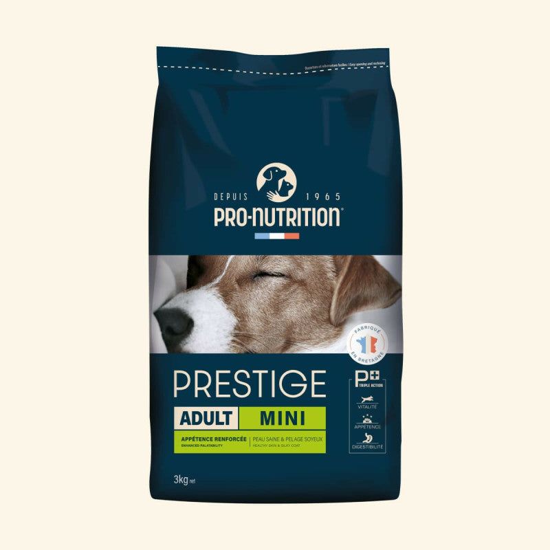 Verpackung der Hunde-Nahrung „Prestige Adult MINI“ von Pro-Nutrition in blauer 3 kg-Tüte für kleine Hunde.