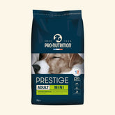 Verpackung der Hunde-Nahrung „Prestige Adult MINI“ von Pro-Nutrition in blauer 3 kg-Tüte für kleine Hunde.