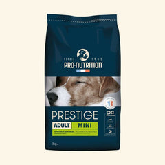 Verpackung der Hunde-Nahrung „Prestige Adult MINI“ von Pro-Nutrition in blauer 3 kg-Tüte für kleine Hunde.